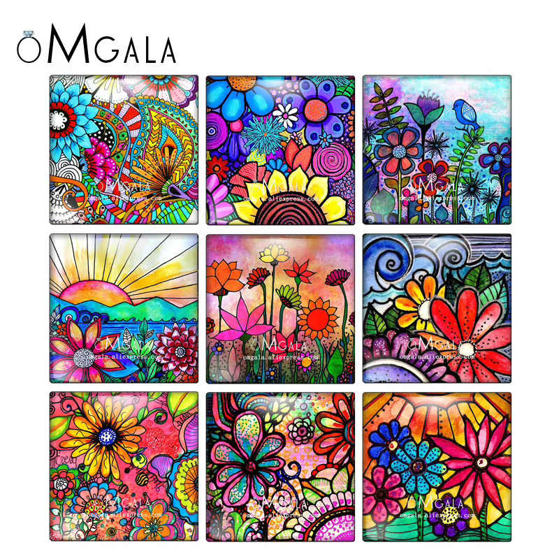 Art coloré peinture à l'huile fleurs carré 10 pièces mélangées 12mm/20mm/25mm/30mm photo verre cabochon démo dos plat résultats de fabrication