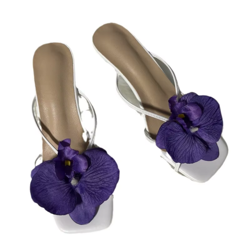 Orchid Flower-Talons hauts à fleurs pour femmes, blanc, rose, bleu, violet, floral, carré, Parker, pantoufle de Rh, chaussures à bride arrière pour femmes, été, nouveau