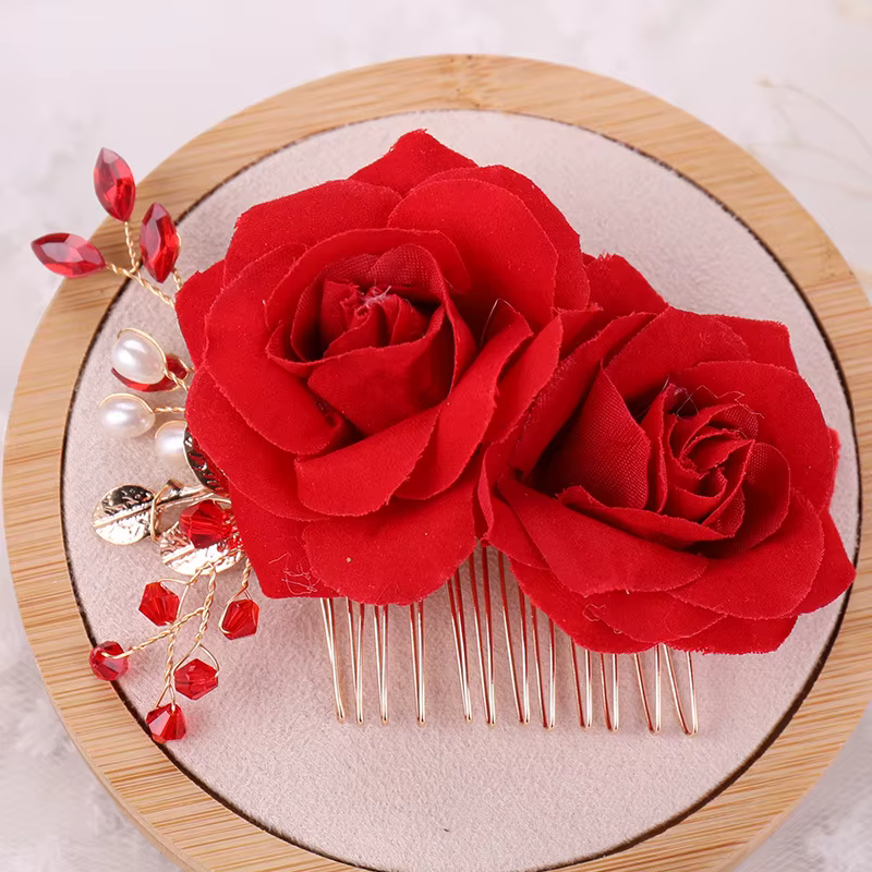 Peignes à cheveux à fleurs de Rose rouge pour femmes, bijoux de cheveux faits à la main, diadème en perles de strass rouges pour mariage, accessoires pour cheveux de mariée