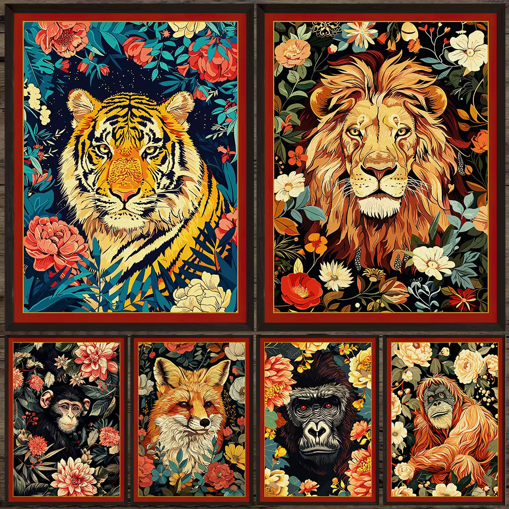 Toile d'art mural Vintage avec animaux dans les fleurs de la Jungle