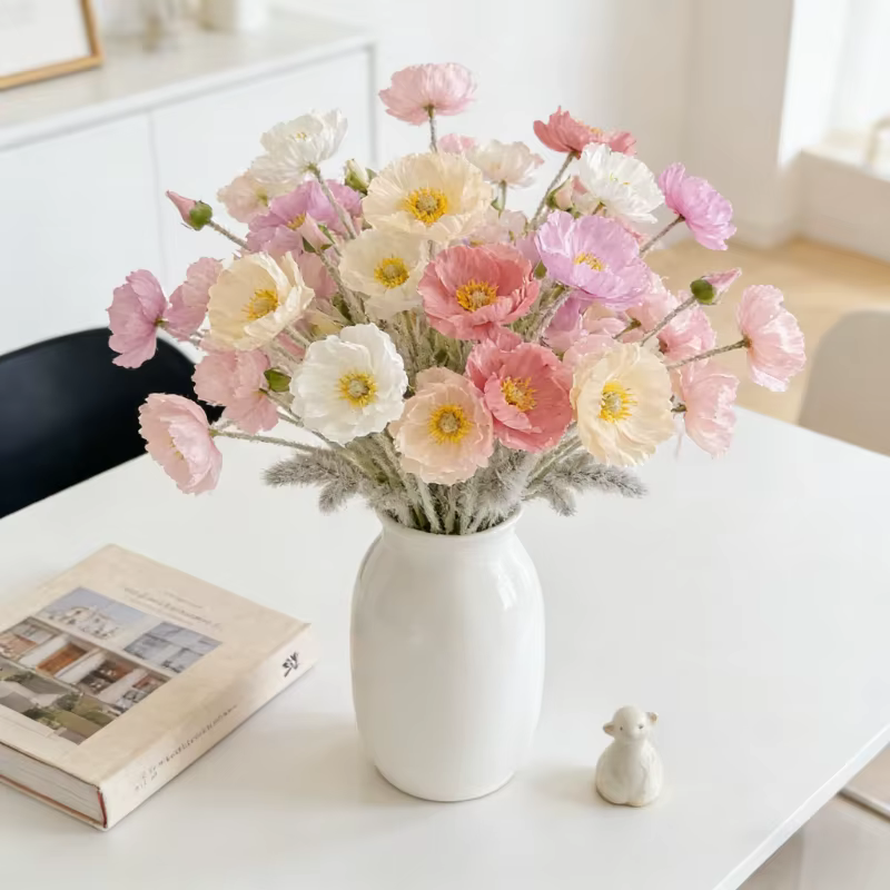 Fleur artificielle pavot floqué de 60 cm pour centre de table