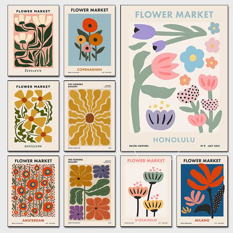 Affiche abstraite colorée rétro du marché des fleurs d'amsterdam