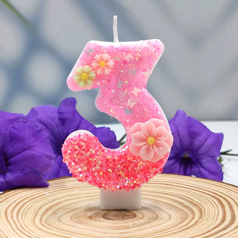 Bougies d'anniversaire avec chiffres roses en fleurs de cerisier, mignonnes et brillantes, pour 2ème joyeux anniversaire, décoration de gâteau pour fête d'anniversaire pour filles, cadeaux