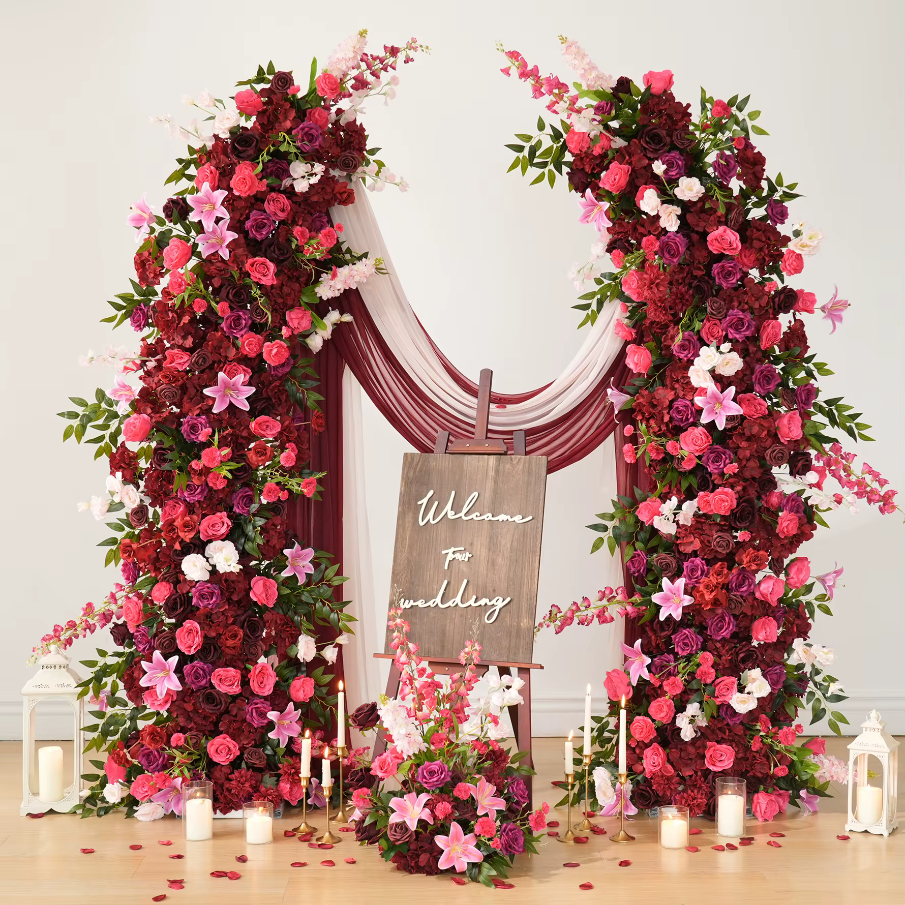 HMEOT H9047 Hydrangeas bordeaux Rose feuille verte Arrangement Floral corne arc décoration idées pour mariage passerelle allée boules de fleurs