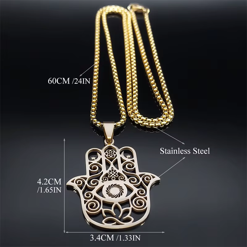 Fleur de vie Fatima Hamsa main pendentif collier pour femmes hommes en acier inoxydable couleur or Om Lotus oeil chaîne bijoux N8083S01