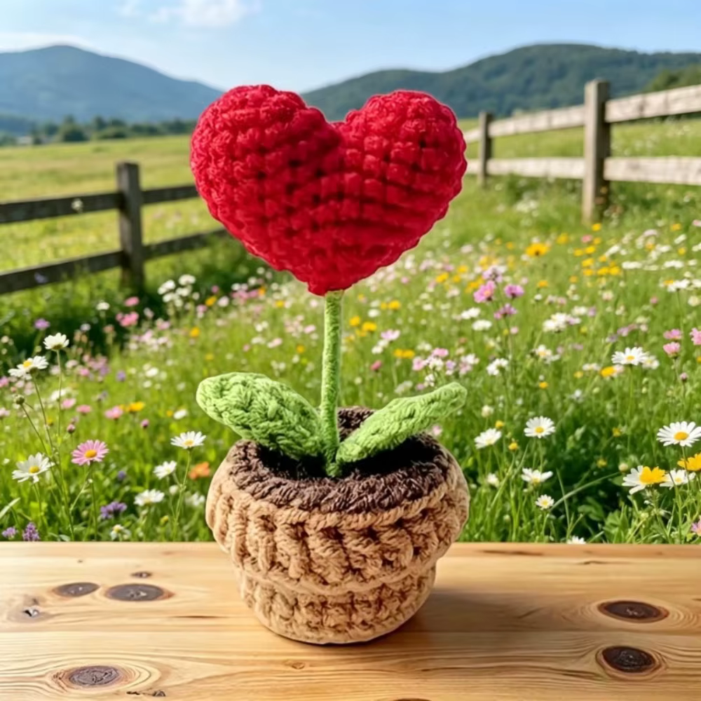 Pot de fleurs en forme de cœur au crochet fait main