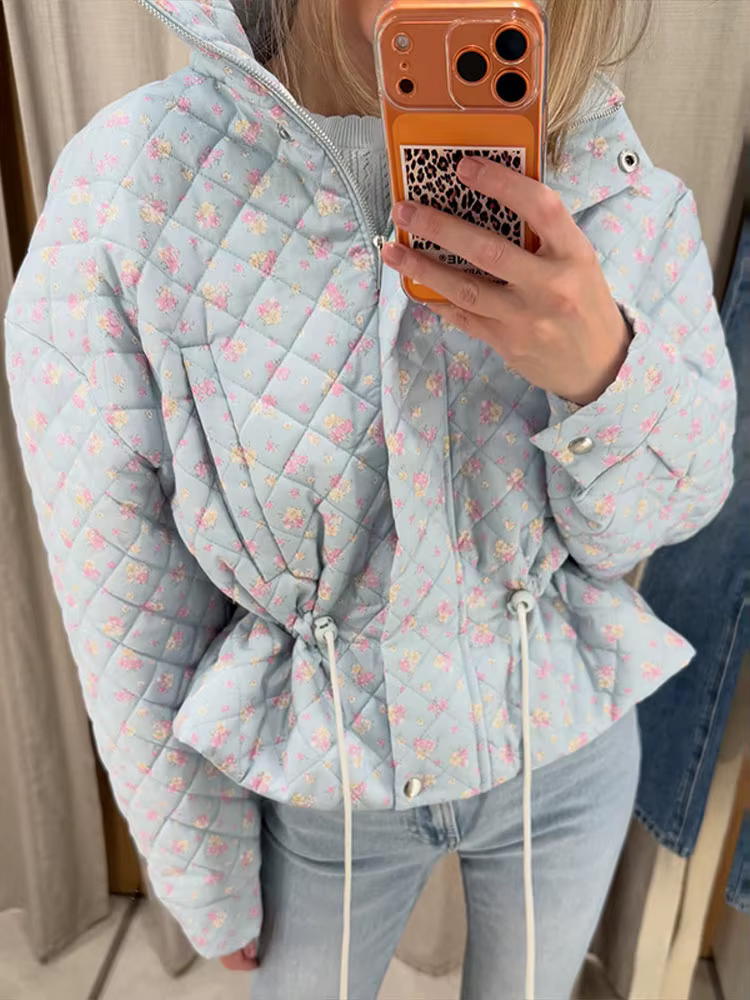 Veste matelassée pour femme à imprimé floral, avec cordon de serrage à la taille, fermeture éclair et boutons, col montant, courte, chic et tendance