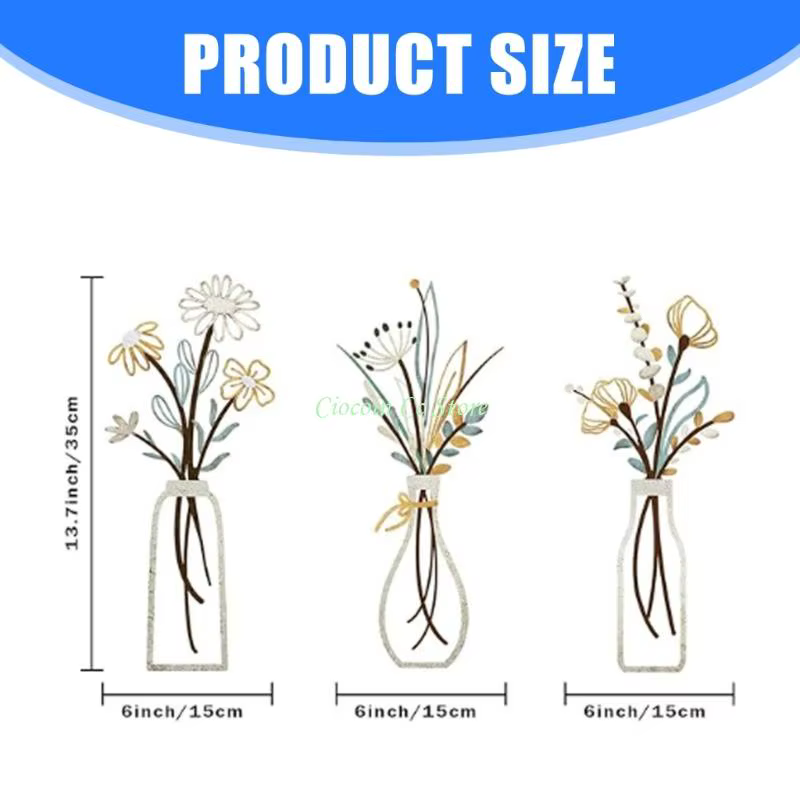 X90f 3 pièces Contemporain Flower Mur Sculpture Set Metal Vases