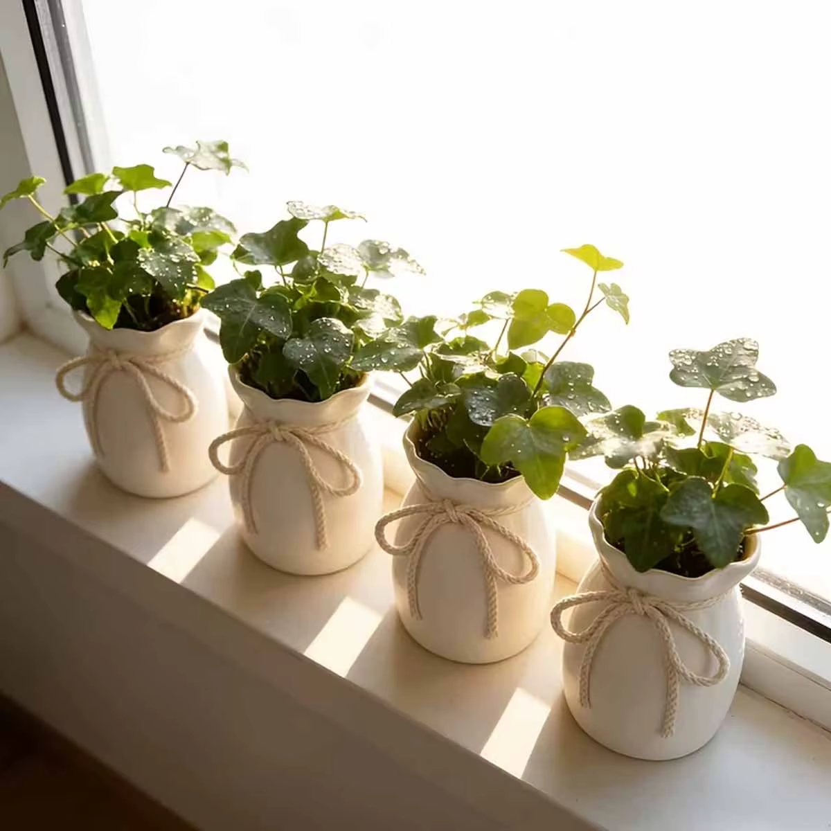 Petits pots de fleurs blancs avec nœud en jute