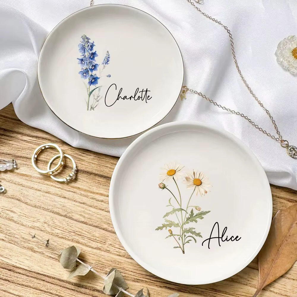 Plat de bibelot de fleur de naissance personnalisé