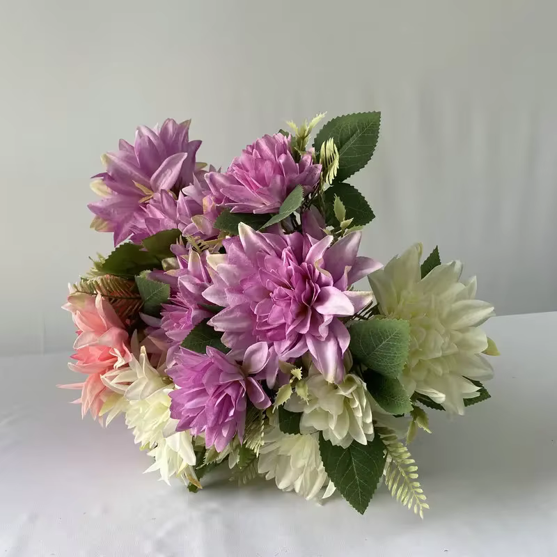 Peinture à l'huile artificielle Dahlia soie fausses fleurs plante jardin décoratif 7 têtes Dahlias Bouquet fleur rouge décoration d'hôtel