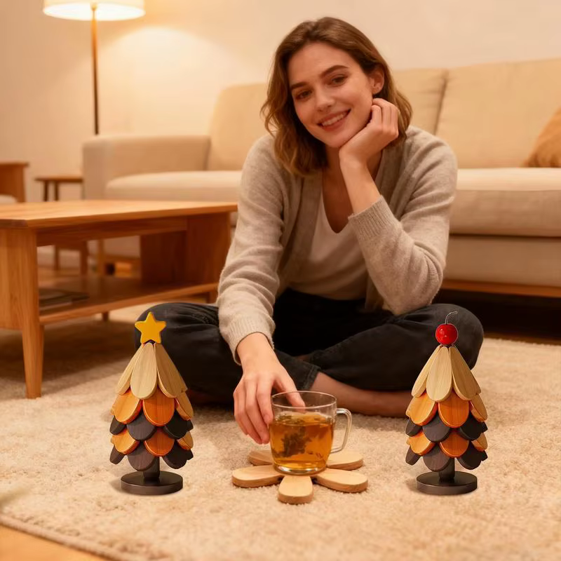 Ensemble de dessous-de-plat en bois naturel de qualité supérieure en forme de sapin de Noël