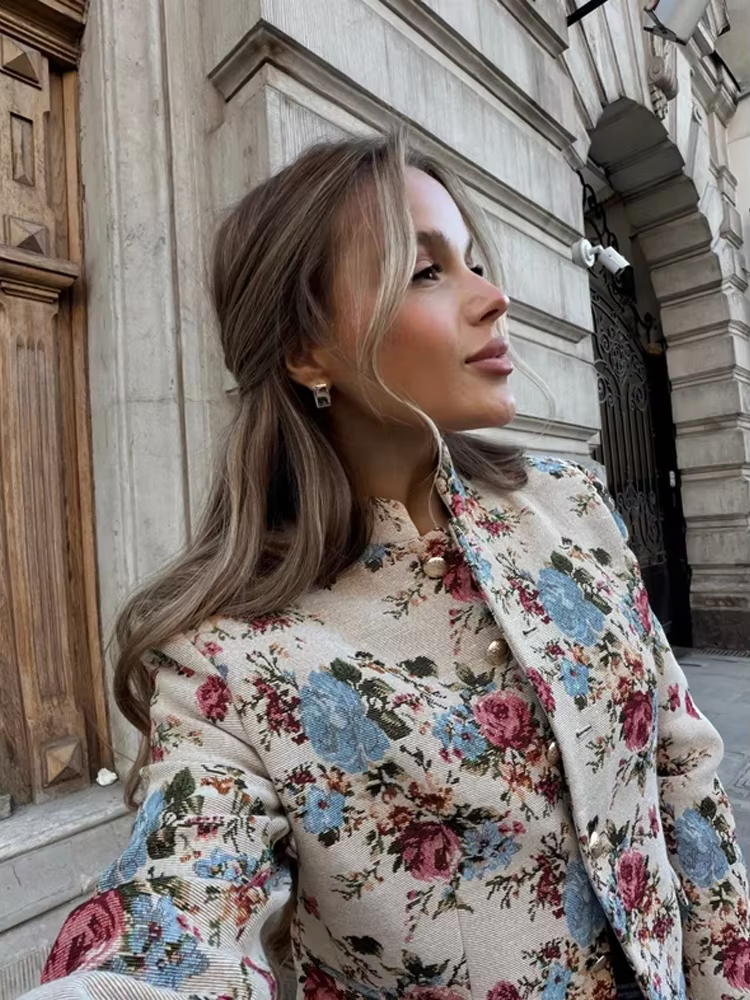 Blazer imprimé floral pour femme, col mandarin, épaulettes, veste courte à simple boutonnage, style vintage, pour l'automne et le quotidien