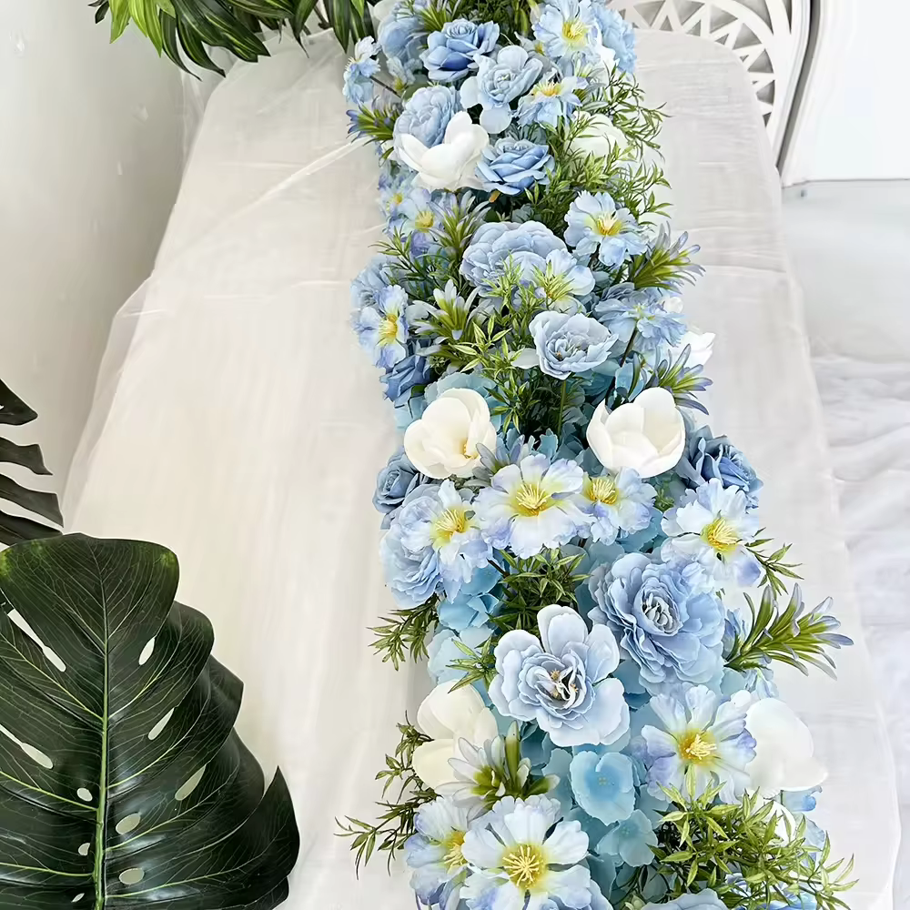 Uflower 200cm Chemin de table en fleurs artificielles bleues élégantes, fond de scène artificiel pour mariage, fête, décoration de la maison