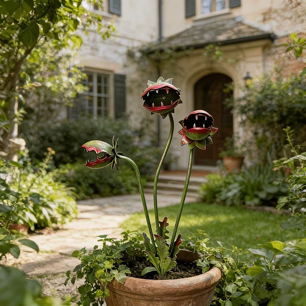 Décoration de jardin en métal peint en forme de fleur carnivore