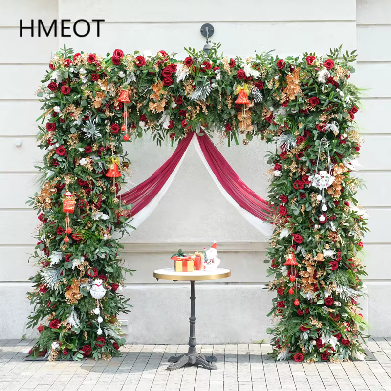 Série de noël Rose rouge vert tissu Base fleur rangée décor mariage toile de fond cadre événement fête scène Arrangement Floral H8777