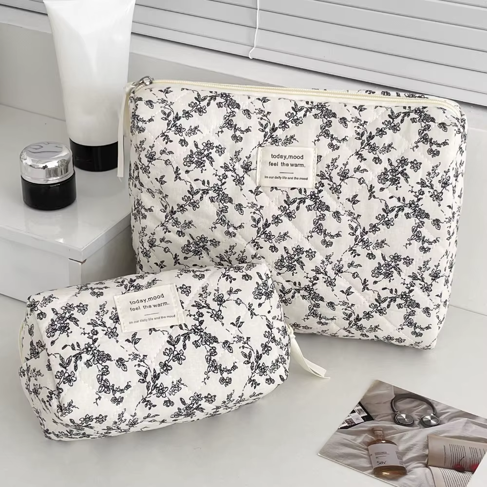 Sacs de courtepointe à fleurs noires pour femmes, sac à main de voyage, pochette fourre-tout à fermeture éclair portable, évaluation cosmétique, stockage de maquillage, poudres, mode Ins