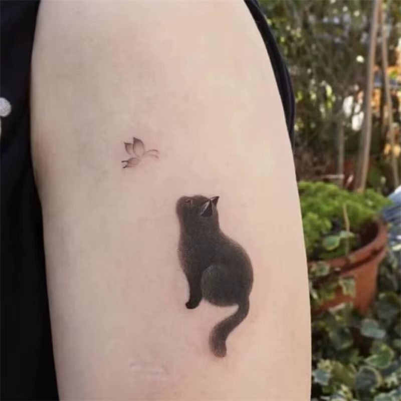Tatouages Temporaires de Chat Noir et Fleur pour Homme et Femme, Autocollants Imperméables, Art Durable, Mignon, Faux, Bras, Dessin Animé, Chaton