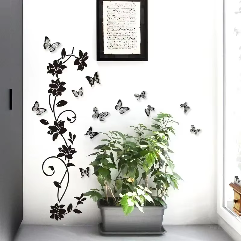 Autocollant mural 3D papillon et fleurs noires