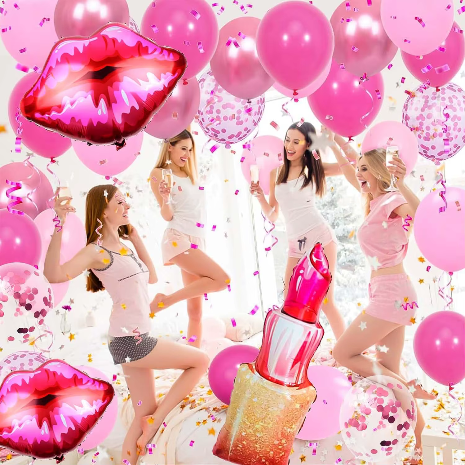 Décorations d’anniversaire roses, décorations d’anniversaire roses, avec ballons à rouge à lèvres et brillant à lèvres, ballons de maquillage pour fêtes de filles