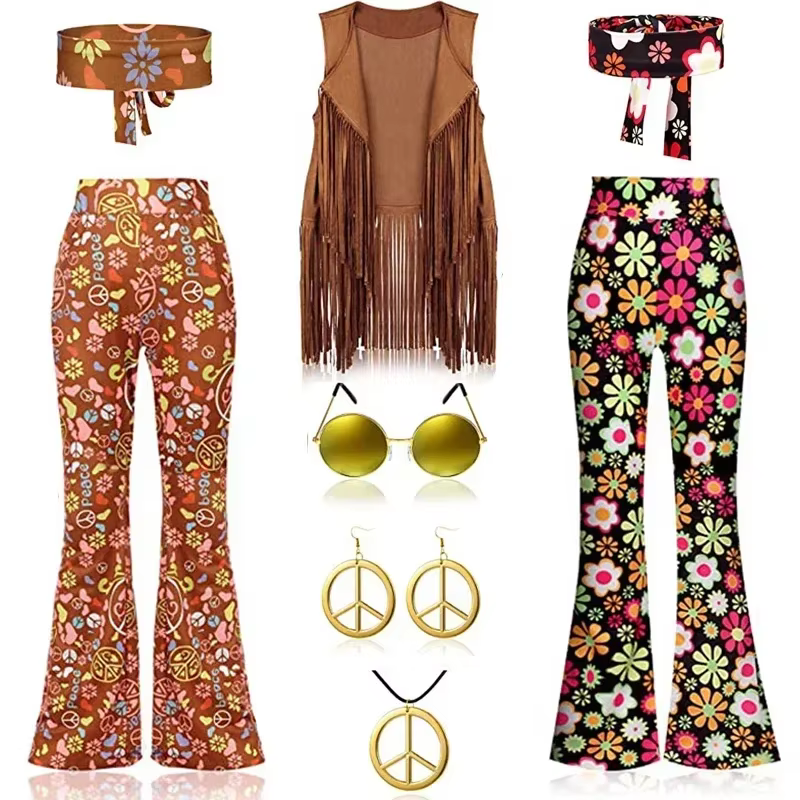 Hippie Disco 60s 70s Cosplay Costume femmes paix amour filles hanche indien glands Hippie gilet Cardigan fête d'halloween