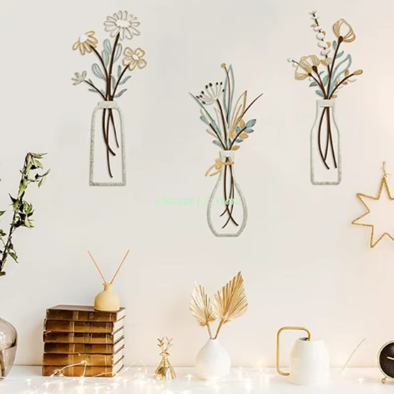 X90f 3 pièces Contemporain Flower Mur Sculpture Set Metal Vases