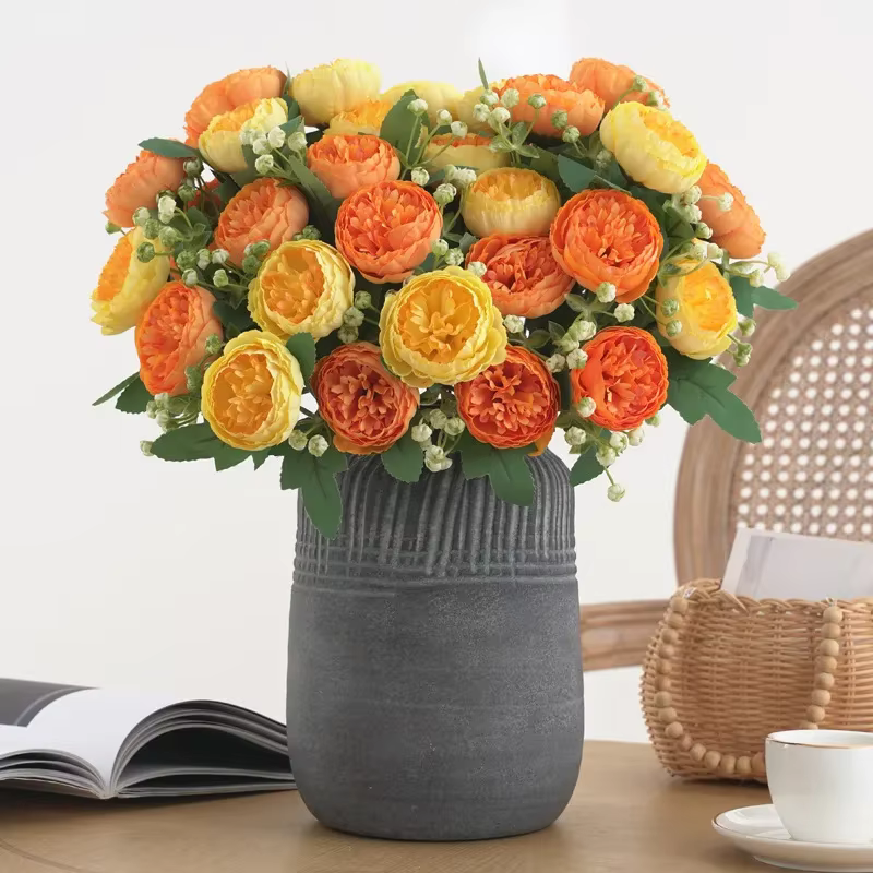 Fleurs artificielles d'aloès vert, 7 têtes, peinture à l'huile, Bouquet de pivoines, fausses fleurs en soie, Simulation de pivoines Orange, décoration de mariage