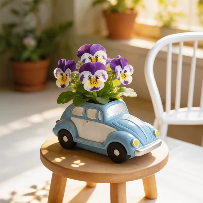 Pot de fleurs en céramique rétro en forme de voiture Beetle