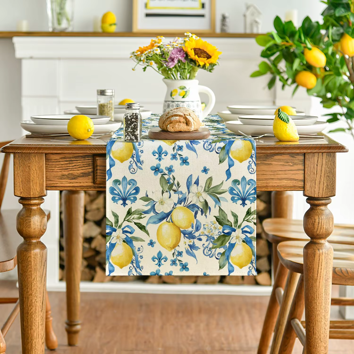 Chemin de Table en lin bleu fleur de citron