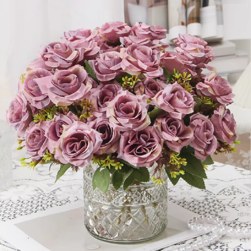 Vert Aloes 2 pièces fleurs artificielles soie Rose Bouquet chambre décoration fausse fleur Simulation parfumé miel blanc Roses