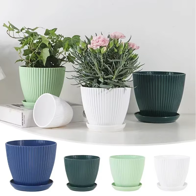 Pot de fleur en plastique plantes rondes succulentes Pot jardinières à rayures verticales avec plateau décoration intérieure de bureau à domicile