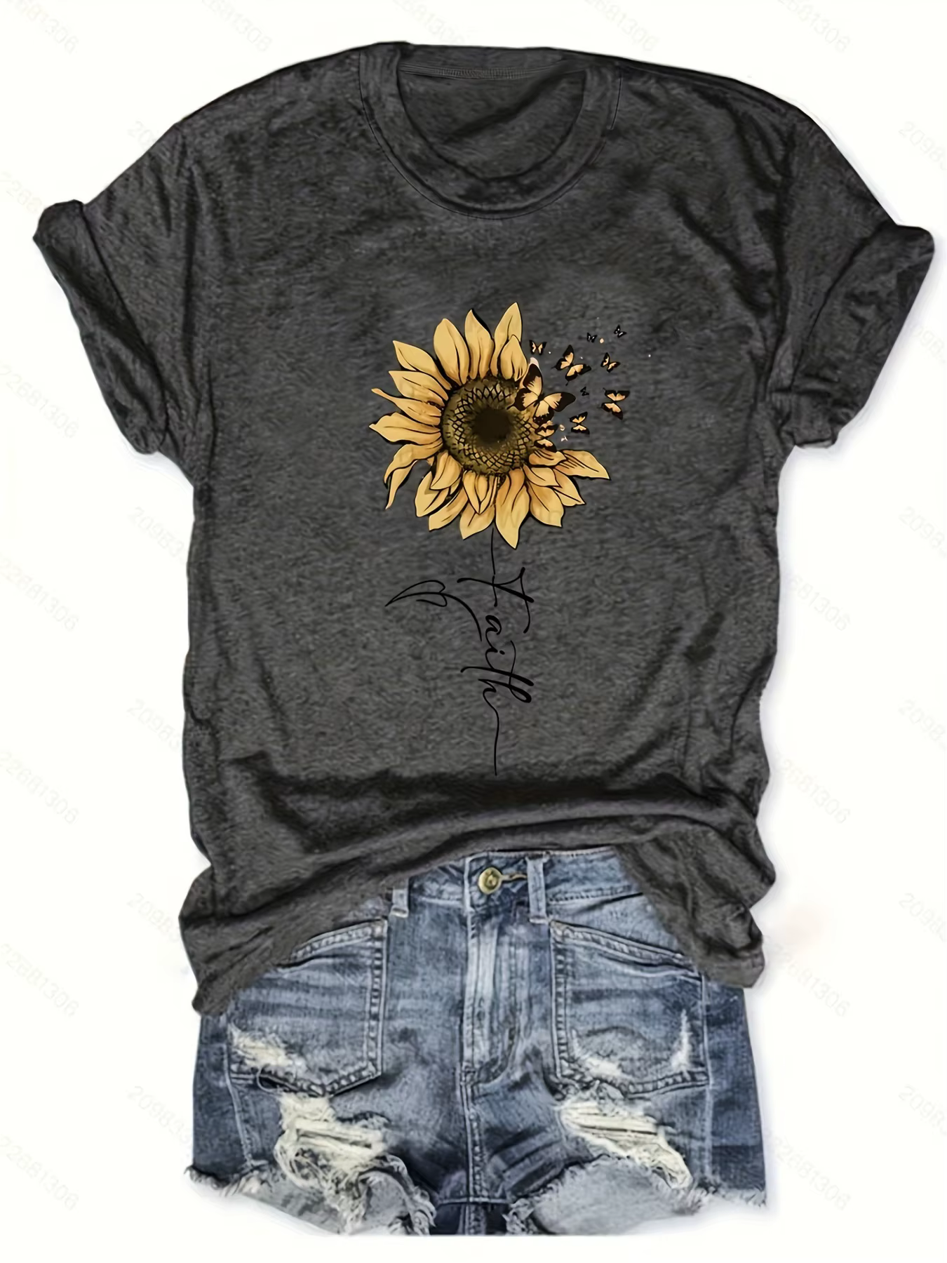 T-shirt graphique tournesol et papillon pour femme – Haut décontracté à manches courtes, parfait pour la mode printemps et été