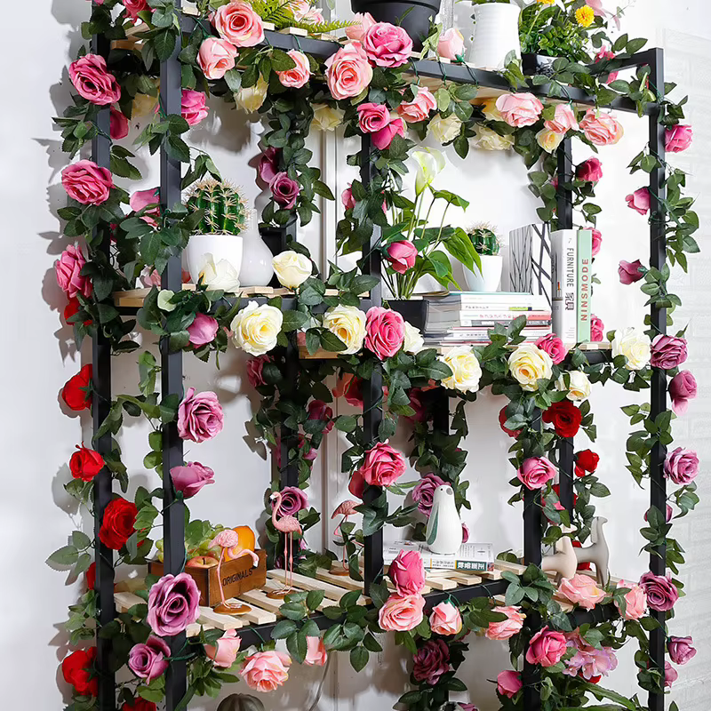 Guirxiété de roses et de feuilles vertes artificielles