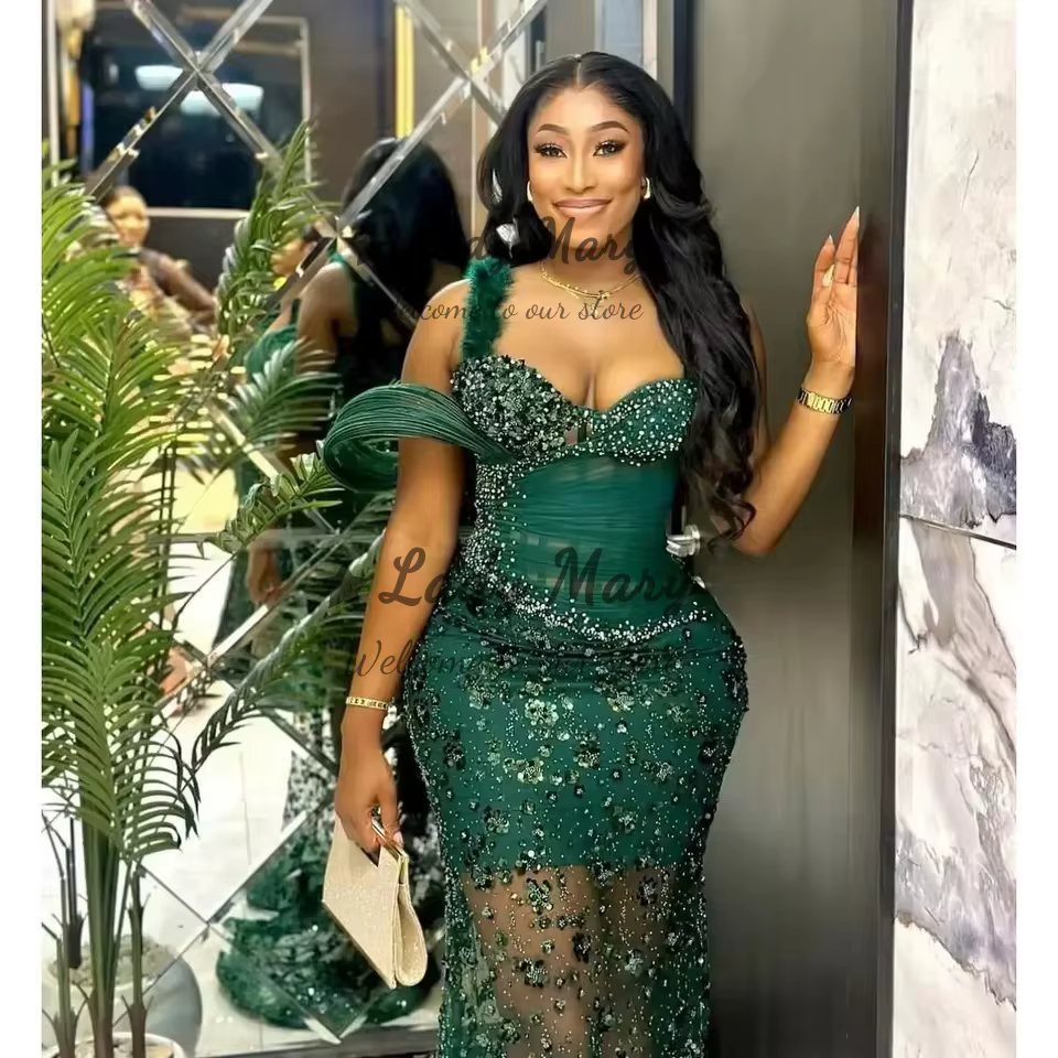 Robe De soirée verte avec perles magnifiques, effet d'illusion pour femmes, robes De bal formelles, bretelles en plumes, Aso Ebi, personnalisées