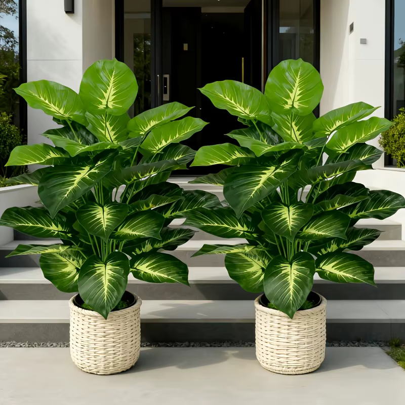 2 Grands Palmiers Artificiels Dieffenbachia à Feuilles Jaunes Réalistes