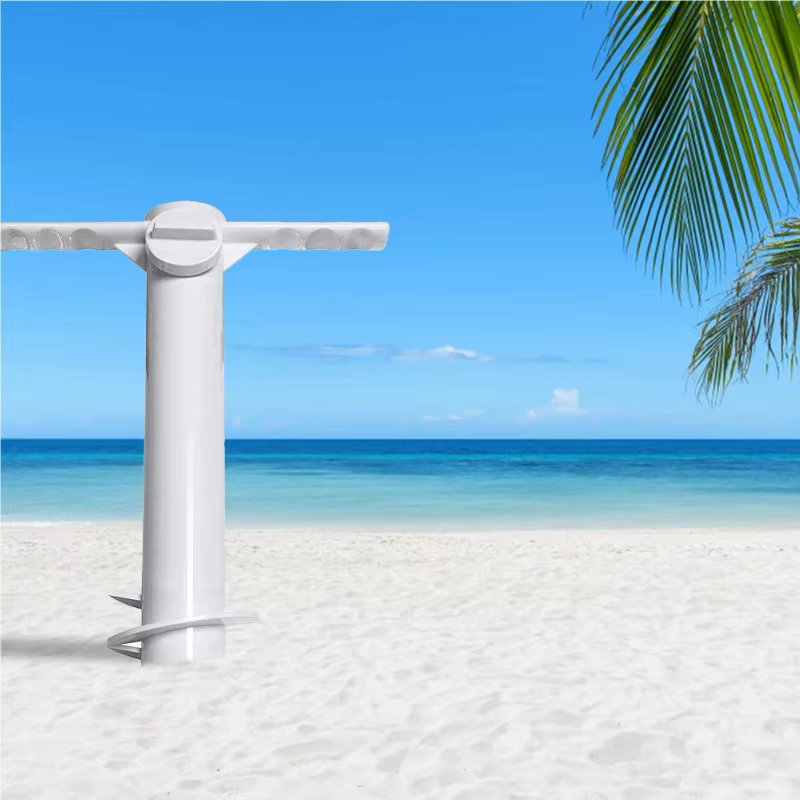 Support et porte-parasol de plage avec ancre spirale pour le sol, accessoire de voyage extérieur avec inserts à crochet pour équipement de plage