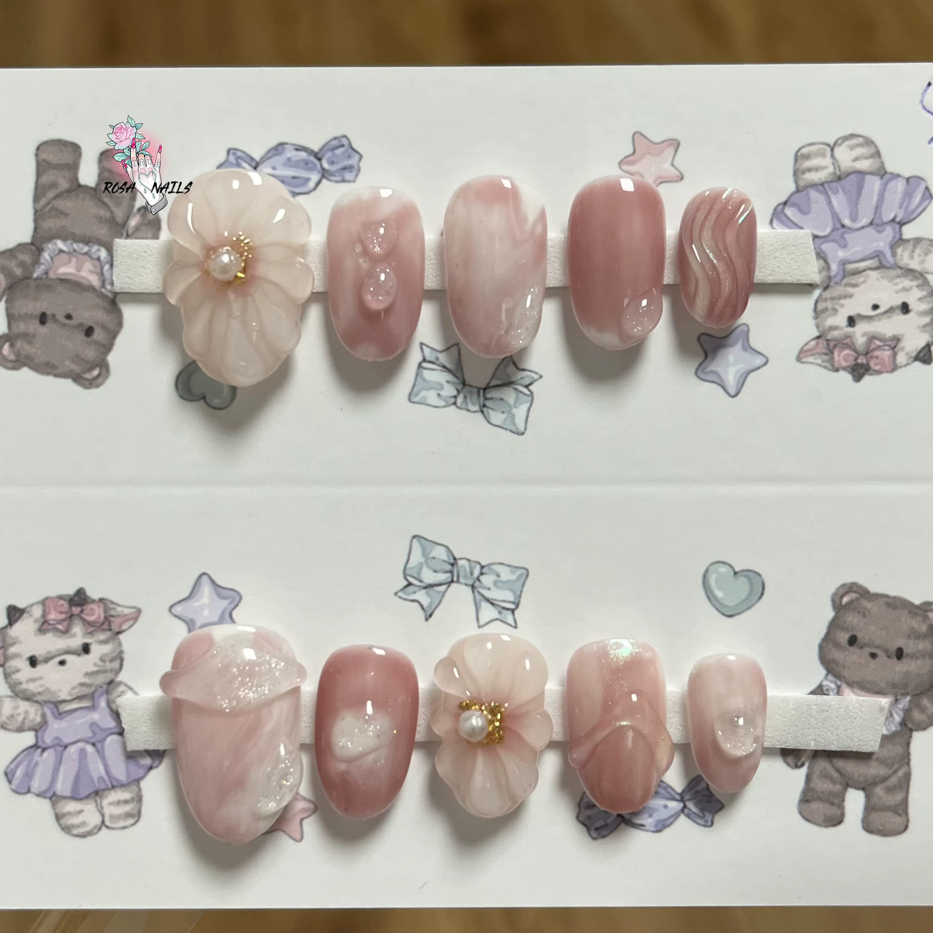 Faux Ongles Courts Roses, Vente en Gros, Ongles Artificiels, Amande, 3D, Conception Florale, Pointes Artistiques, Presse Faite à la Main, N64.