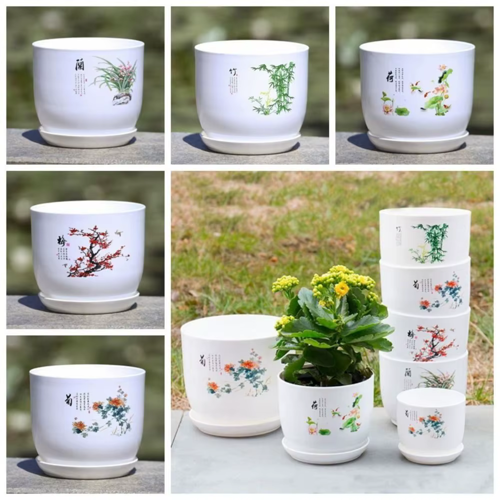 Pot de fleurs en plastique extra large blanc avec plateau