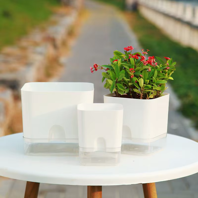 Pot de fleurs auto-arrosant blanc carré à double couche pour plantes d'intérieur et d'extérieur