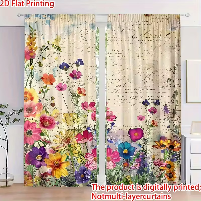 Rideaux transparents vintage à motifs floraux - Impression aquarelle nostalgique pour la décoration du salon et de la chambre à coucher