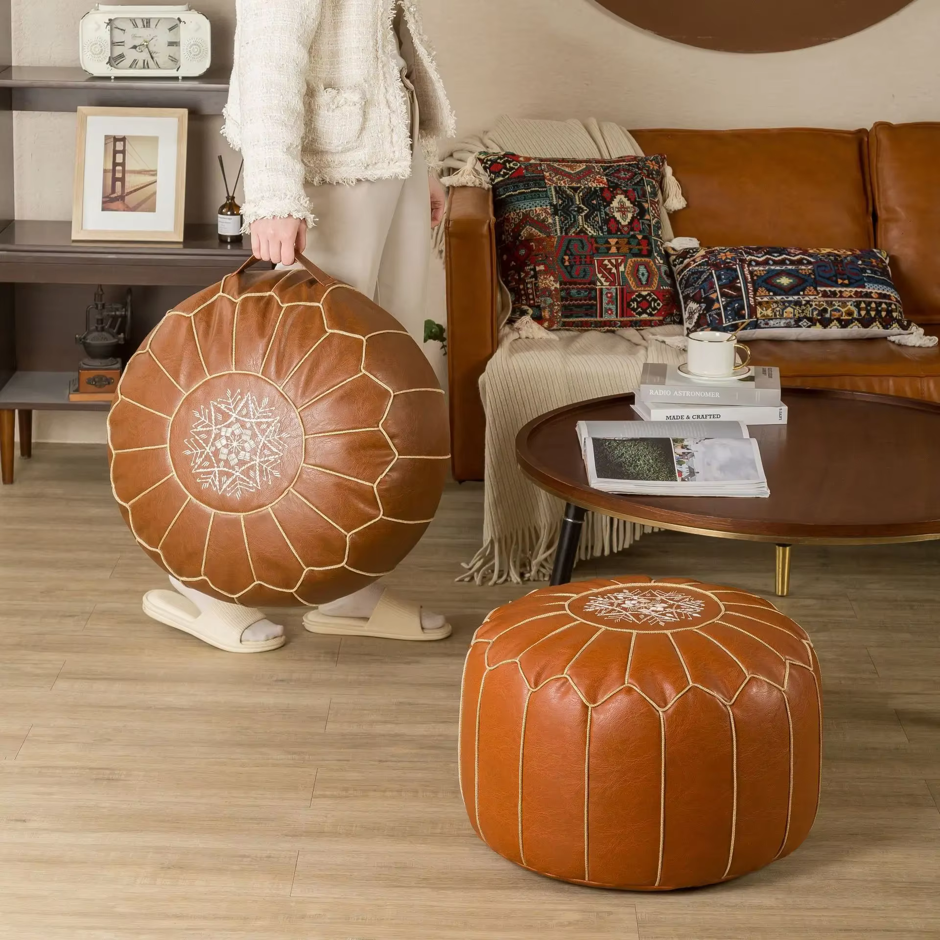 Coussin rond doux en cuir PU, oreiller décoratif marocain, pouf sans noyau, décoration d'intérieur moderne, Un197
