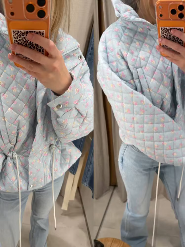Veste matelassée pour femme à imprimé floral, avec cordon de serrage à la taille, fermeture éclair et boutons, col montant, courte, chic et tendance