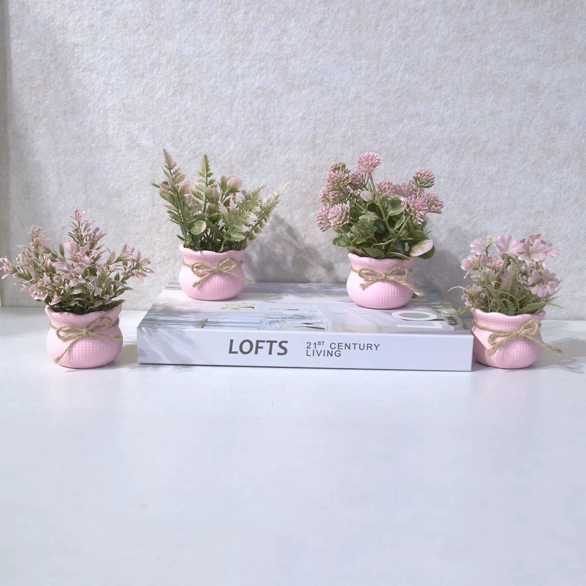 Mini plantes artificielles en pot de fleurs série rose