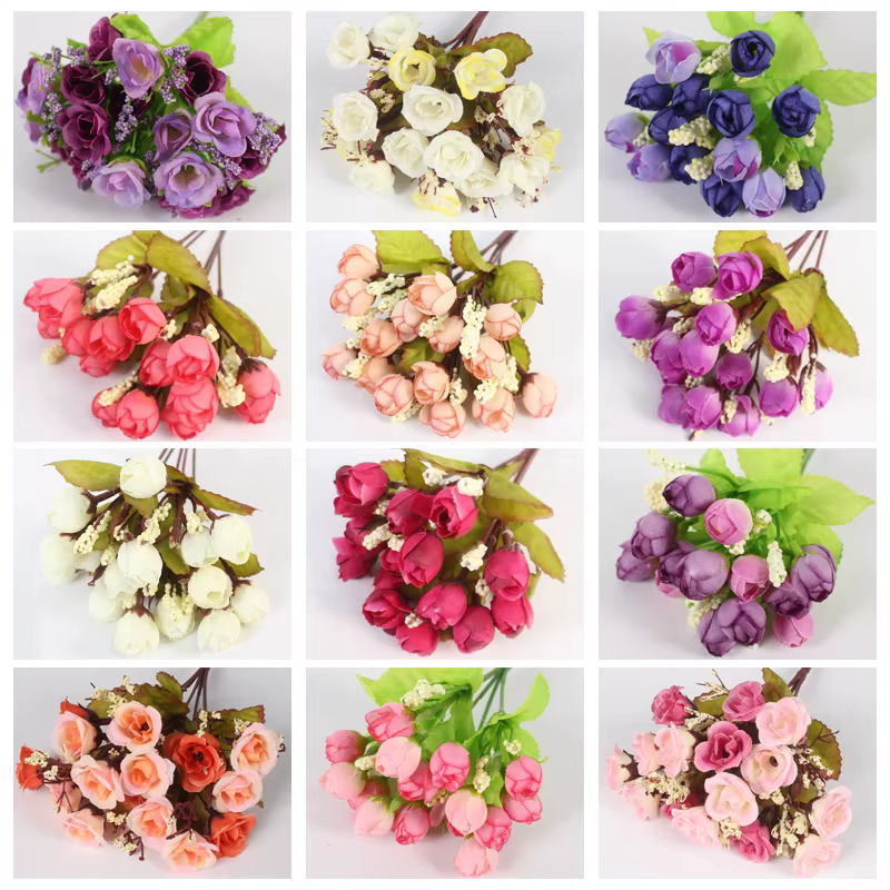 Automne 15 têtes/Bouquet petit bourgeon Roses Bract soie fleur artificielle bricolage mariage maison décor de noël cadeaux floraux accessoires Photo