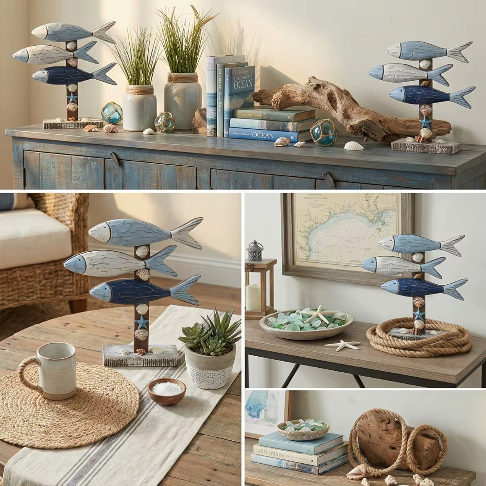 Ornement de poisson en bois de style méditerranéen créatif