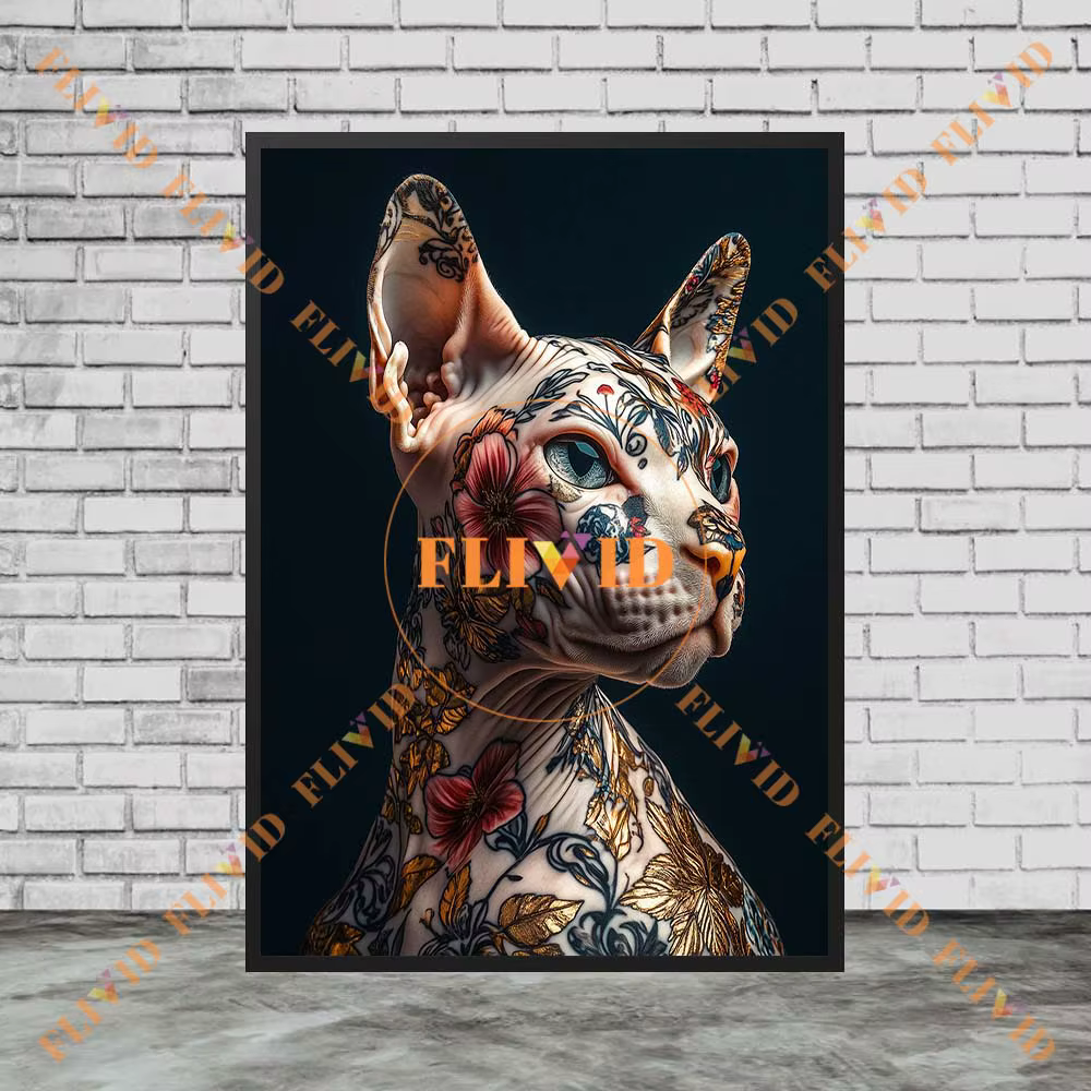 Affiche Murale Abstraite avec Tatouage de Chien et Chat, Peinture sur Toile Sans Cadre, Imprimés d'Animaux, Décor de Salon