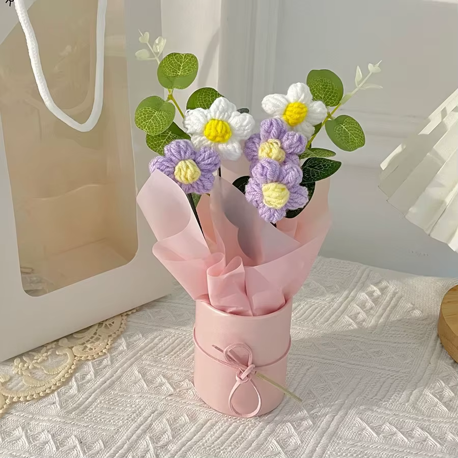 1 Pièce Magnifique Bouquet de Fleurs en Fil de Laine avec Tube Floral
