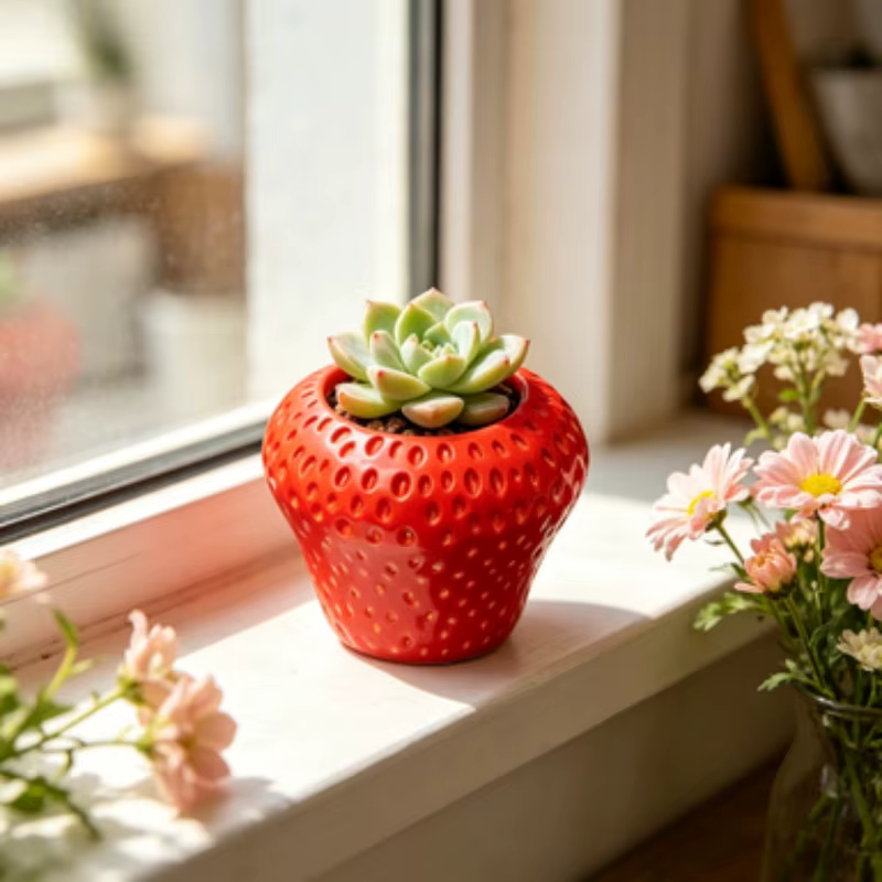 Pot de fleurs en forme de fraise pour rebord de fenêtre