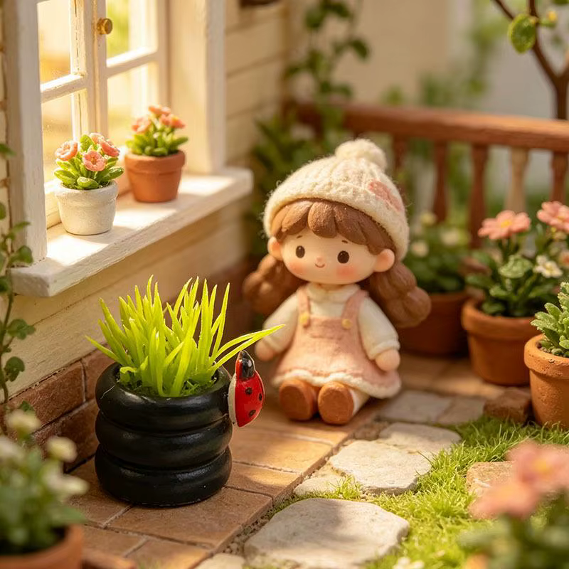 Ornement de plante miniature en pot avec coccinelle