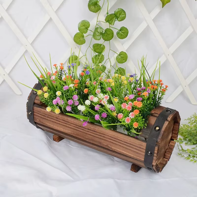 Jardinière demi-baril en bois naturel-1Pc Pot de fleur en bois rétro